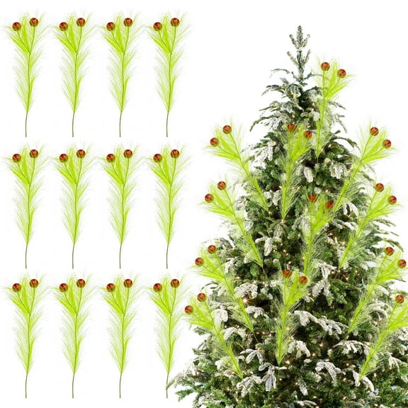 BTIZTLLA 12 Pcs Christmas Tree Topper 16'' Lime Green Curly Tree Picks with Red Ball Xmas Artificial Green Stems for Christmas Home Wreath Craft Decoration Supplies