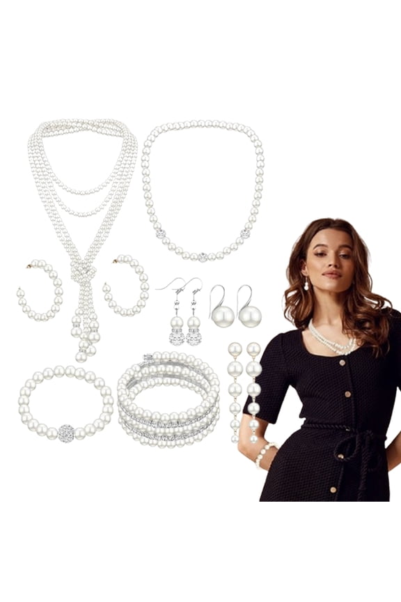 8 Pcs Classic Bridal Pearl Set, Vintage Alloy & Faux Pearls, Complete Necklace Bracelet Earrings Kit for Bride Maid Party