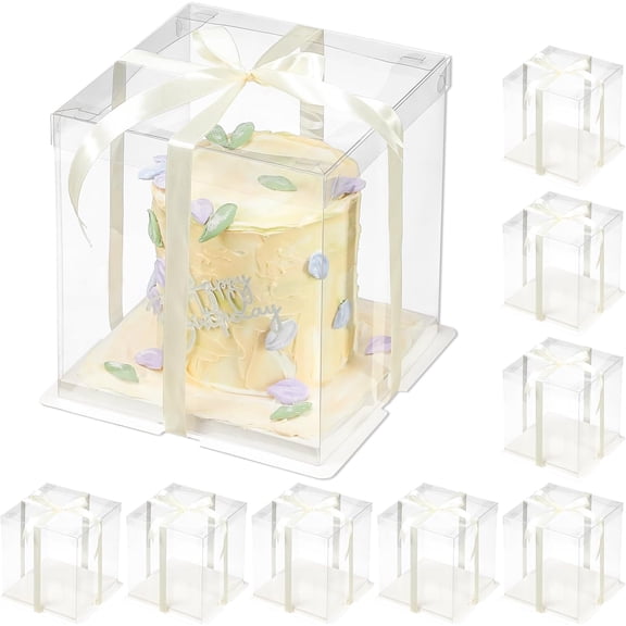 8 Pcs Clear 10x10x10 Inch 2-Layer Cake Carrier Boxes with Lids and Ribbons