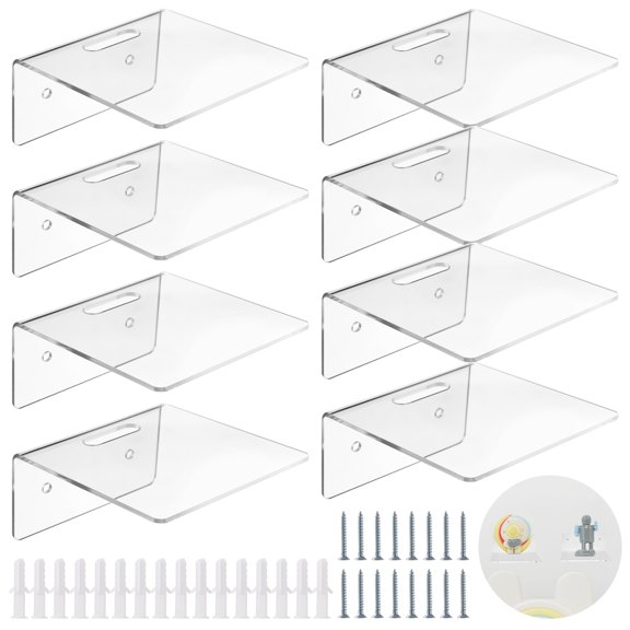 8 Pcs Clear Acrylic Floating Shelves, Wall-Mounted Storage and Display Solutions, Small Display Ledges, Easy Install with Screws and Clips