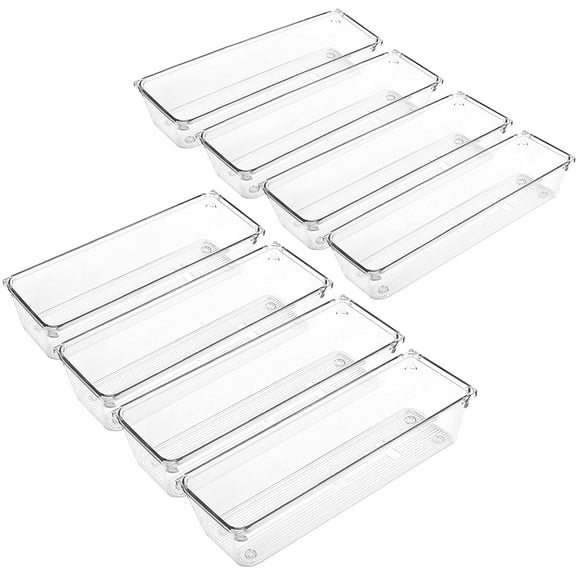 8 Pcs Clear Plastic Drawer Organizers, 9''3''2'' Storage Tray for Utensil, Cutlery in Kitchen, Bathroom, Cabinet Drawer, Stackable Makeup Vanity Bin Divider