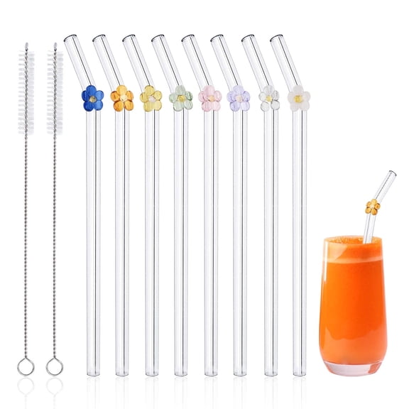 Lnrkai Borosilicate Glass Straws, 8 Pack Reusable Clear Straw Shatter Resistant with 2 Brushes for Milkshakes Smoothies Juices Cocktails
