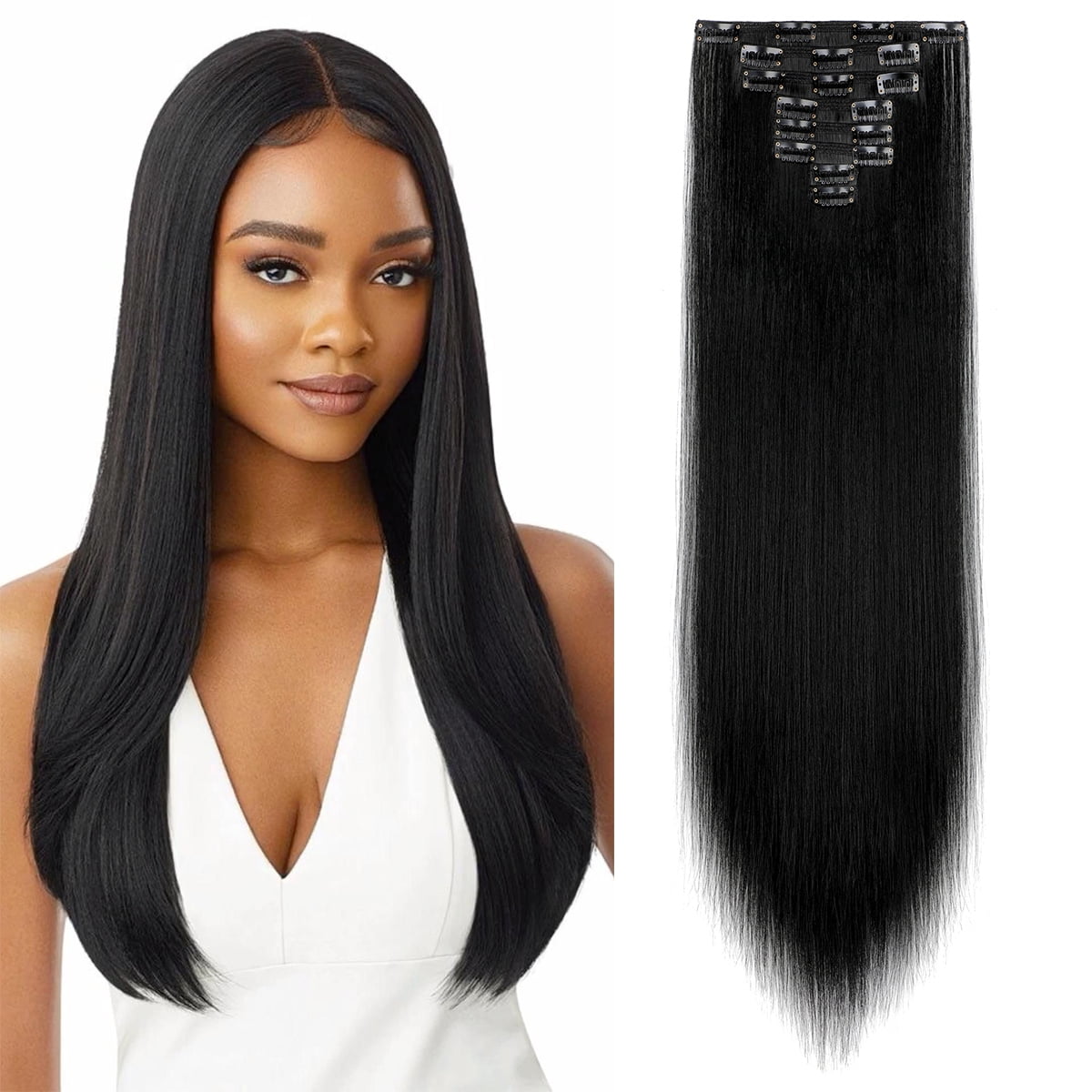 Black One Piece Clip In Extension 24-26 inch SHCKE Clip in Hair Extensions Natural Black 8Pcs Set Clip-in  main image 2