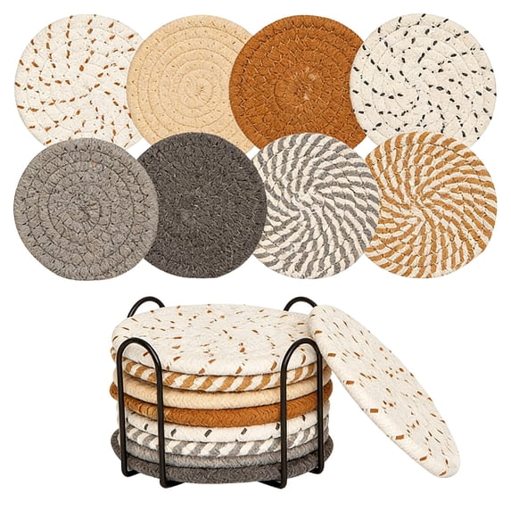 8 Pcs Coasters for Drinks,Coasters Set,Drink Coasters Set with Holder,Woven Coaster Set,Absorbent Coaster with Holder,Coffee Table,Home Tabletop Decor,Dinning Room Decor,(Gray,4.33x2.87 in)