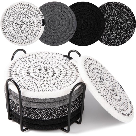 8 Pcs Coasters with Holder, Coasters for Drinks, Woven Cotton Absorbent Coaster Set for Kinds of Cups, Housewarming Gifts for Home Decor -Black