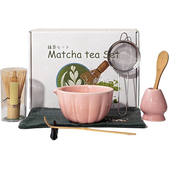8 Pcs Complete Matcha Tea Set with Spout Bowl & Smooth-Flow Falcon Beak Design – Includes Whisk, Sifter, Scoop, Holder, Towel & Stainless Steel Tools, Mottled Green Ceramic, Flat Stable Base(Pink)
