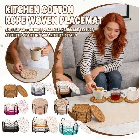 8 Pcs Cotton Rope Coasters Set with Holder, Absorbent Braided Drink Coasters Heat Resistant for Home Office Tabletop Protection, Pink