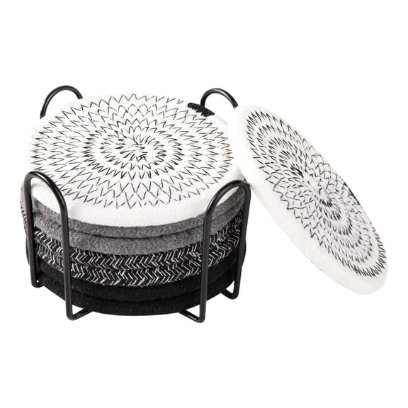 8 Pcs Cotton Rope Placemats With Metal Stand Woven, Thickened Multipurpose Drink Coasters, Minimalist Non-Slip Tabletop Cup Coasters for Living Room, Kitchen, 0.2x4.4 Inch, Gray