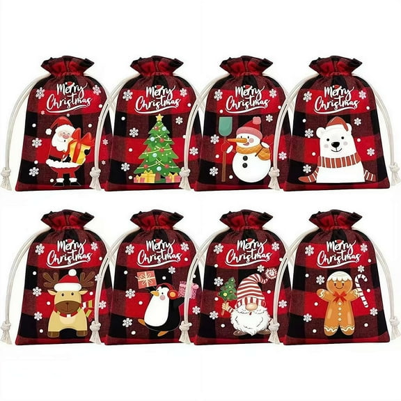 8 Pcs Cotton Small Christmas Drawstring Candy Treat Bags, Buffalo Plaid Wrapping Cotton Treat Bag for Xmas Candy Party Supplies
