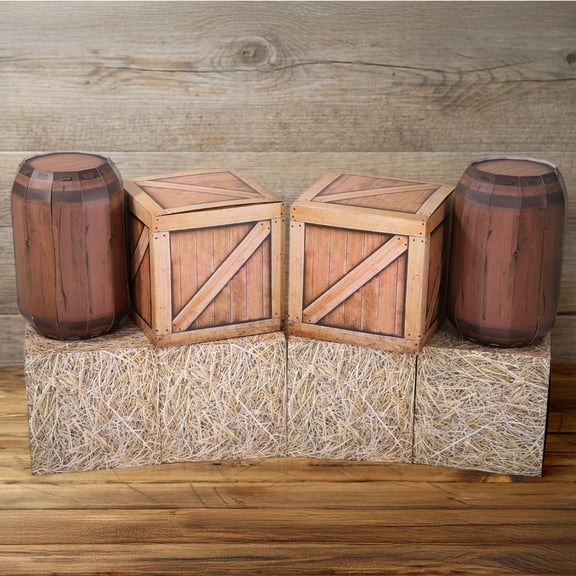 8 Pcs Cowboy Party Prop Boxes, Rustic Cardboard Hay Bales, Wood Grain, Wine Barrel Decorations, Farmyard Photo Booth Supplies for Themed Events