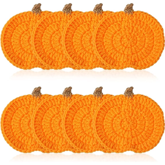 8 Pcs Crochet Pumpkins Coaster Handmade Knitted Drink Coaster Set Autumn Drink Cup Pad Mats Absorbent Bottle Mug Place Mats for Table Protection Fall Halloween Thanksgiving Themed Party Decoration