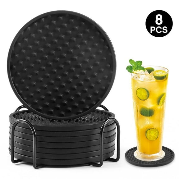 8 Pcs Cup Coasters with Holder Non-Slip Table Mat Silicone Coasters for Drinks, Wine and Coffee