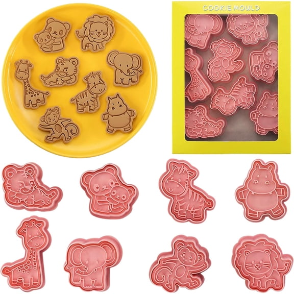 8 Pcs Cute Animal Cookie Cutters Set With Plunger Stamps Unique 3D Zoo-Themed Embossing Cutters for Baking Biscuit Muffins Royal Icing Decorations Fondant Cheese Cupcake Apple Pie Pancakes