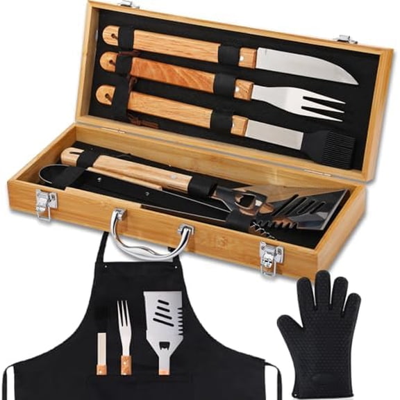 8 Pcs Dad Gifts from Daughter Son Men Grilling Birthday Gifts Heavy Duty Wooden Grilling Accessories BBQ Tools Set for Outdoor Grill with Wooden Case, Apron and Oven Mitts for Dad Men Husband