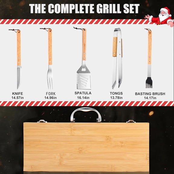 8 Pcs Dad Gifts from Daughter Son Men Grilling Birthday Gifts Heavy Duty Wooden Grilling Accessories BBQ Tools Set for Outdoor Grill with Wooden Case, Apron and Oven Mitts for Dad Men Husband