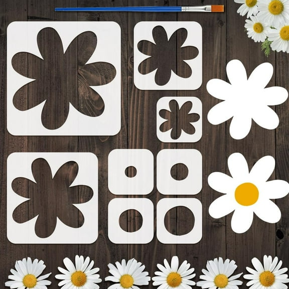 8 Pcs Daisy Painting Stencil with Brush 4 Size Daisy Flower Drawing Template Daisies Floral Plants Theme DIY Decoration Template