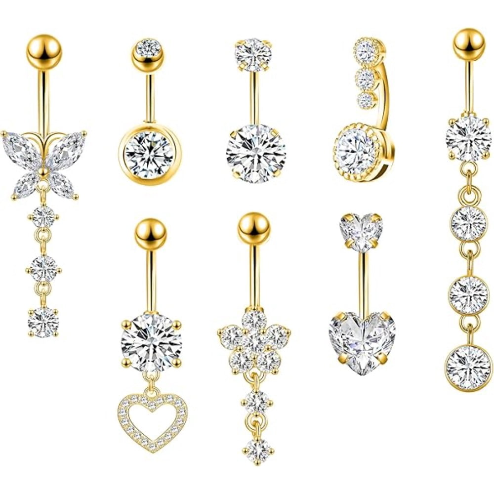 8 Pcs Dangle Belly Button Rings Set - 14G Surgical Steel Gold Navel ...
