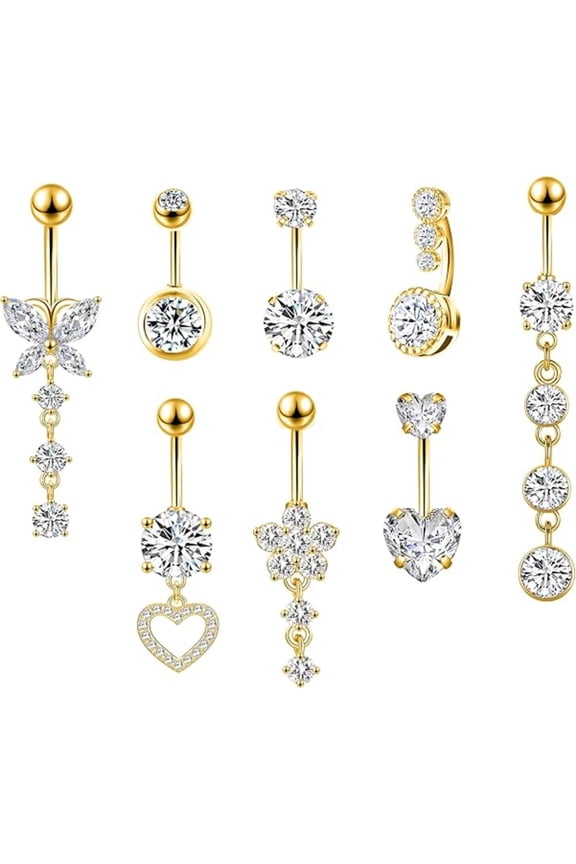 8 Pcs Dangle Belly Button Rings Set - 14G Surgical Steel Gold Navel Jewelry for Summer Beach Party