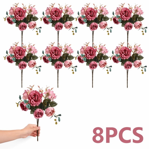 8 Pcs Dark Pink Peony Artificial Flowers, Silk Peony Bouquets for Wedding Centerpieces, Reusable Floral Arrangements for Home Table Decor, Party and Valentine's Day Decoration
