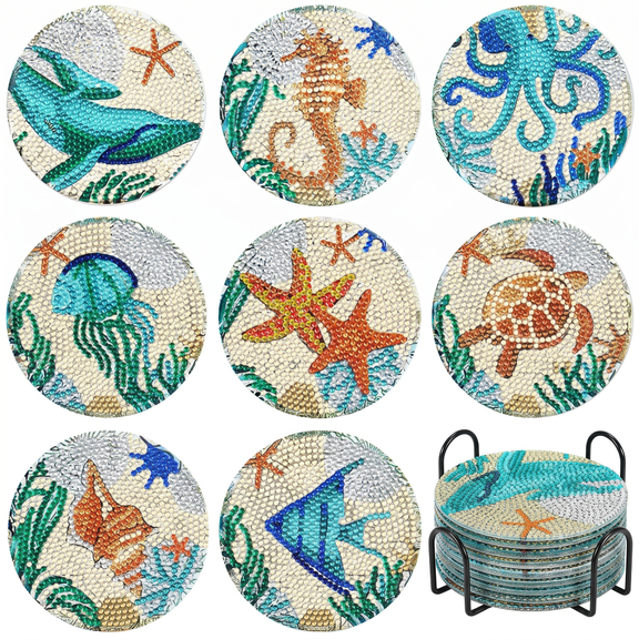 8 Pcs Diamond Art Coasters Kits with Holder Cork Pads, DIY Diamond Art Dots Painting Coasters for Adults Beginners