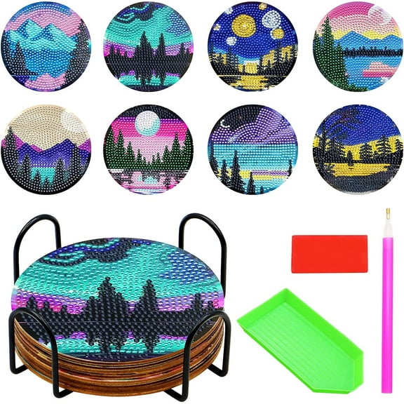 8 Pcs Diamond Art Painting Coasters with Holder, DIY Cup Coasters Diamond Art Kits - Diamond Art Painting Kits for Adults Kids - Wooden Coasters for Car Home Office (Landscape)