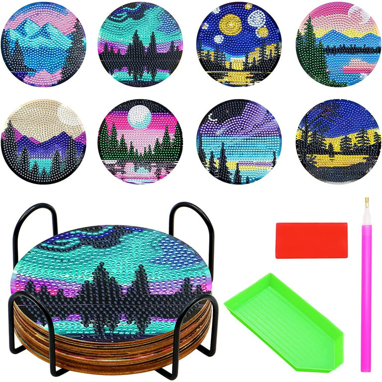 8 Pcs Diamond Painting Coasters with Holder, DIY Cup Coasters Diamond Art  Kits - Diamond Painting Kits for Adults Kids - Wooden Coasters for Car Home