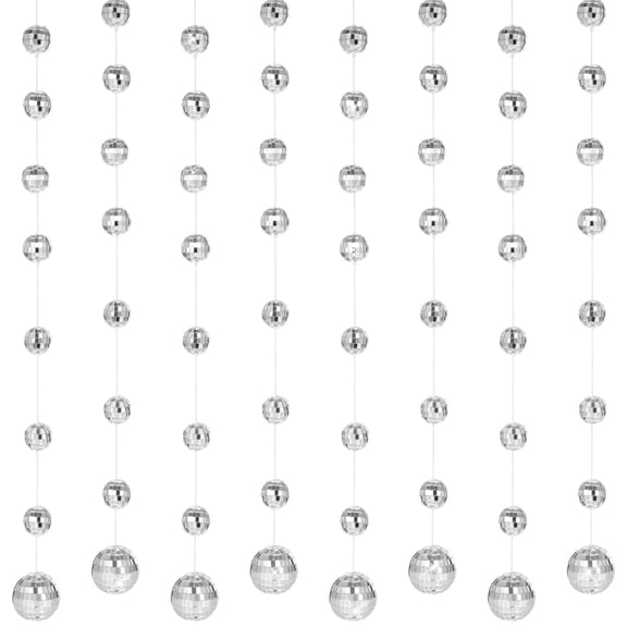 8 Pcs Disco Ball Garland Strands, Silver Mirror Ball Hanging Decorations, Reflective Party Backdrop Curtains, Elastic String Disco Ball Banners Adjustable for Birthdays, Weddings, Christmas