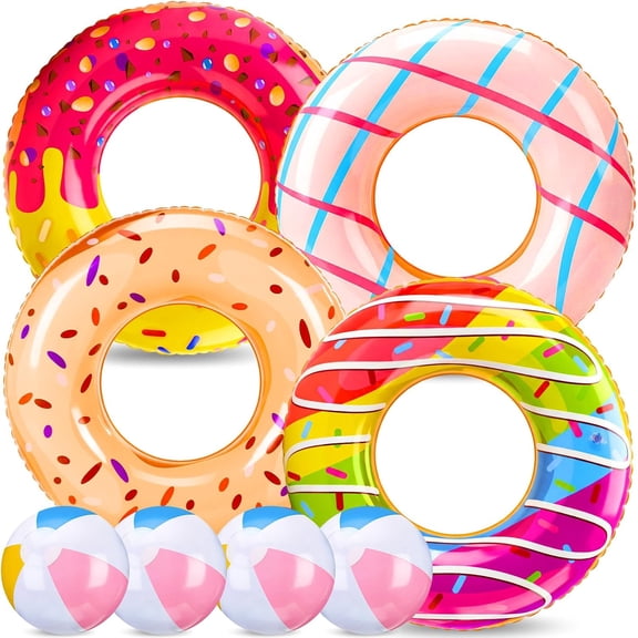 8 Pcs Donut Pool Floats 4 Styles Cute Swimming Float Inflatable Beach Balls Colorful Swimming Ring Inflatable Tubes Pool Ball Floaties Hawaiian Beach Summer Tropical Donut Party for Adult