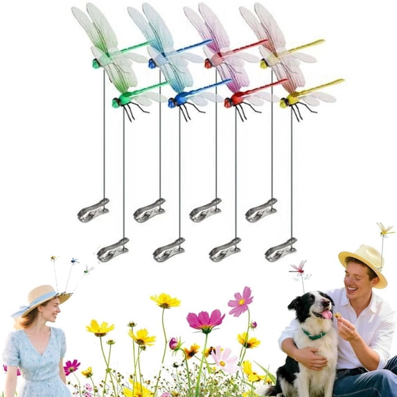 8 Pcs Dragonfly Clip Bug Repellent, 2026 New Fake Dragon Fly Hat Clips, 3D Dragonfly Garden Stakes Decor, Realistic Humming Bird Stakes, Artificial Clip-On Fly Deterrent for Indoor Outdoors