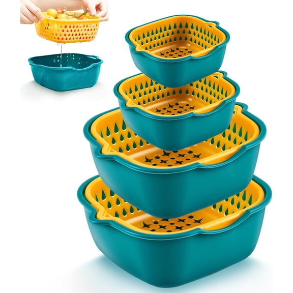 8 Pcs Drain Colander Bowl Set Fruits and Vegetable Washing Strainer Detachable Double-layer Plastic Kitchen Food Basket, Kitchen Essential Gadgets (Orange, Green)