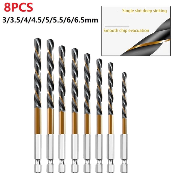 8 Pcs Drill Bit HSS Titanium Coated Drill Bit 1/4 Hex Shank 3-6.5mm Head Driller Accessories Woodworking Carpenter Tools Set