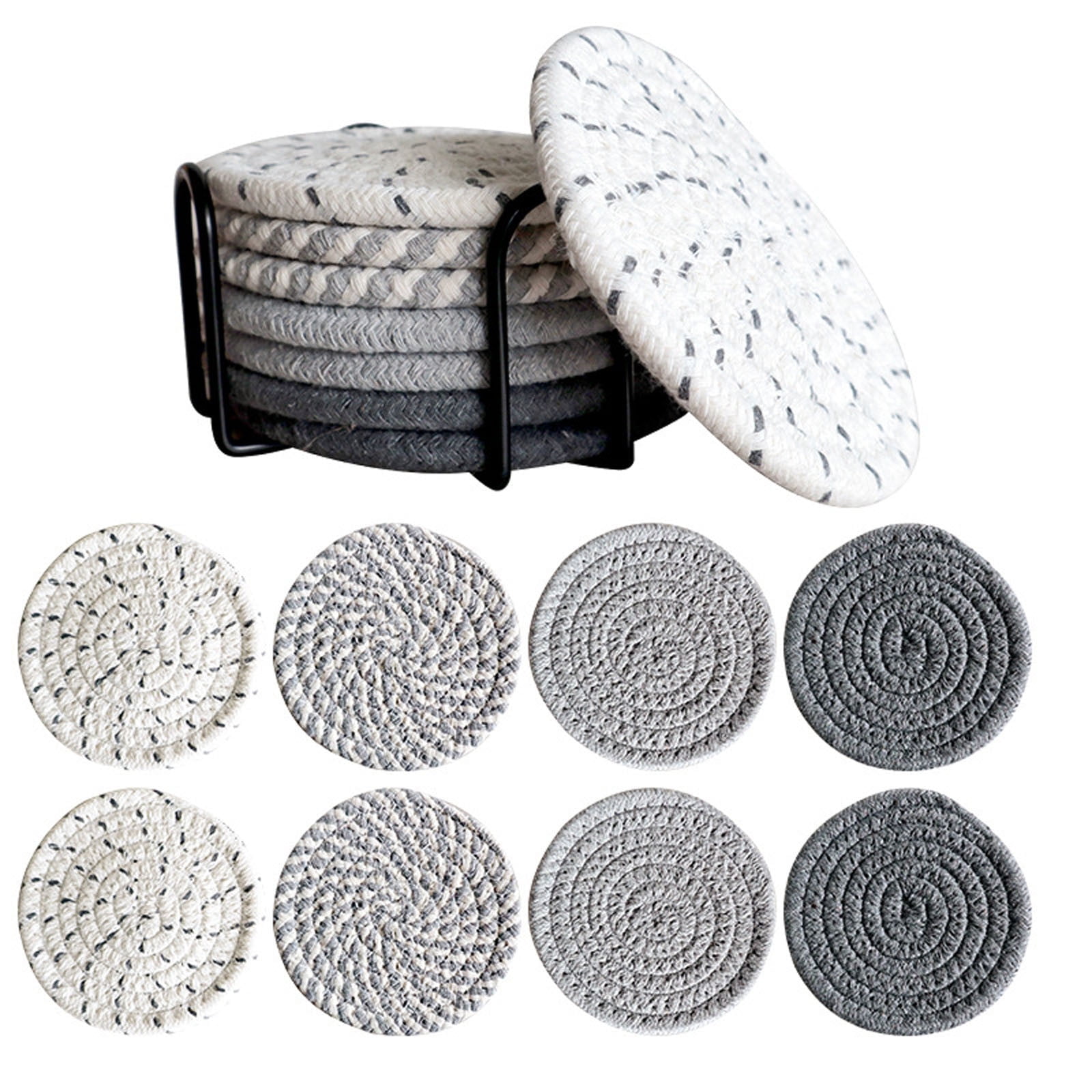 Handmade Cotton Woven Coasters Set with Holder, Light Gray, Dark Gray, Off-White, White and Gray Stripes