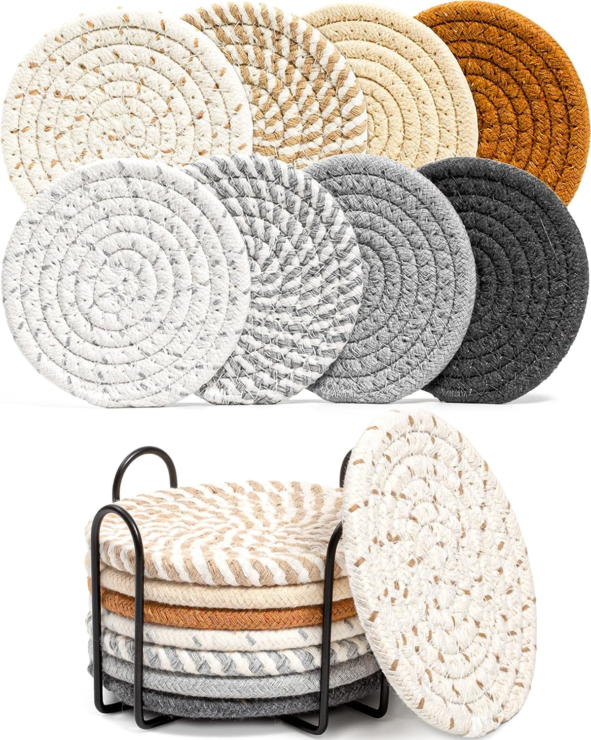 8-Piece Multicolor Cotton Woven Drink Coasters with Holder