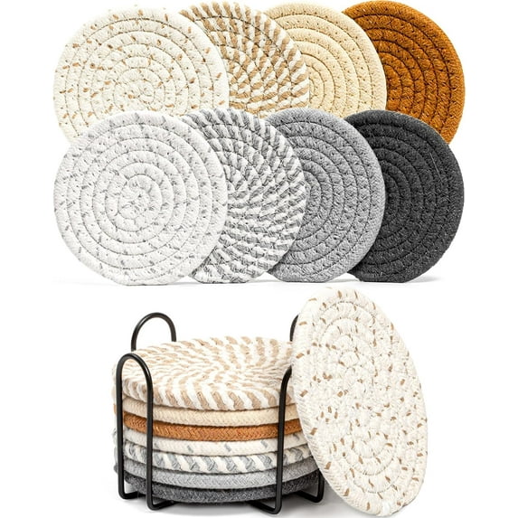 8 Pcs Drink Coasters with Holder, 8 Colors Absorbent Coasters for Drinks Minimalist Cup Coasters Cotton Coaster Set Woven Coasters for Coffee Table Home Decor Bar Housewarming Gift, 4.3 Inch