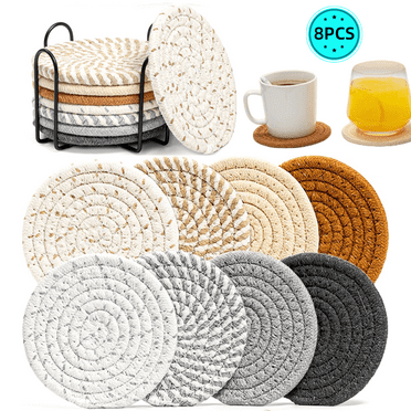 8 Pcs Drink Coasters With Holder, Absorbent Coasters For Drinks Minimalist Cup Coasters Cotton Coaster Set Woven Coasters For Coffee Table Home Decor Bar Housewarming Gift，4.3inch