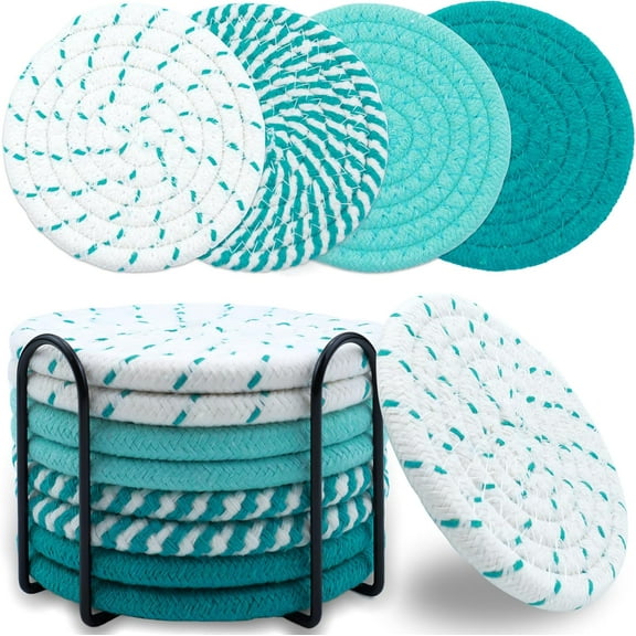 8 Pcs Drink Coasters with Holder, Minimalist Cotton Woven Coaster Set, 4 Colors Absorbent Coaster Protection Protection for Various Cups, Ideal for Coffee Tables and Home Decor Tabletop, 4.3 Inches