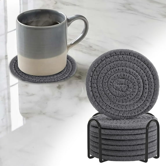 8 Pcs Drink Coasters with Holder, Minimalist Cotton Woven Coaster Set, Absorbent Coasters for Drinks, Modern Farmhouse Table Mats for Coffee Tables and Home Decor Tabletop, 4.3 Inch
