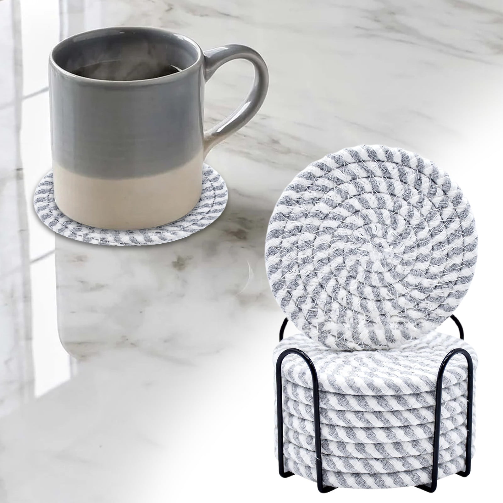 Table Rug Coasters 8 Pcs Drink Coasters with Holder, Minimalist Cotton Woven Coaster Set ...