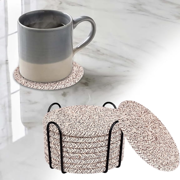 8 Pcs Drink Coasters with Holder, Minimalist Cotton Woven Coaster Set, Absorbent Coasters for Drinks, Modern Farmhouse Table Mats for Coffee Tables and Home Decor Tabletop, 4.3 Inch