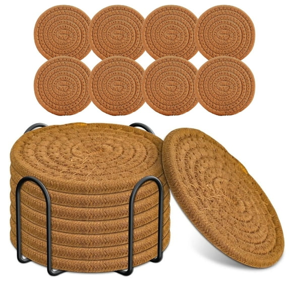 8 Pcs Drink Coasters with Holder, Smasener Absorbent Coasters for Drinks, Minimalist Cotton Woven Coaster Set for Home Decor Tabletop Protection Suitable for Kinds of Cups, 4.3 Inches
