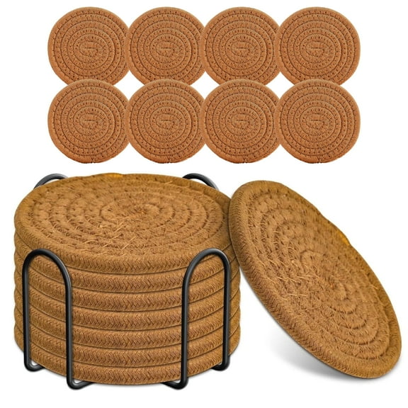 8 Pcs Drink Coasters with Holder, Smasener Absorbent Coasters for Drinks, Minimalist Cotton Woven Coaster Set for Home Decor Tabletop Protection Suitable for Kinds of Cups, 4.3 Inches