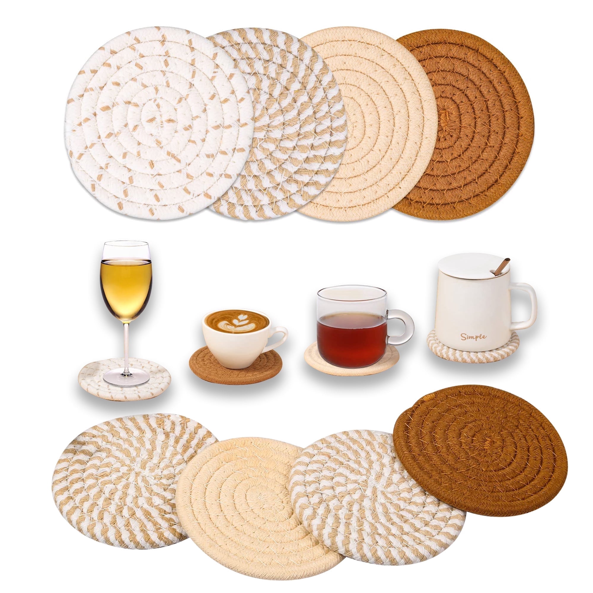 Smasener 8 Pcs Drink Coasters with Holder, 4.3 Inches, Cotton Woven ...