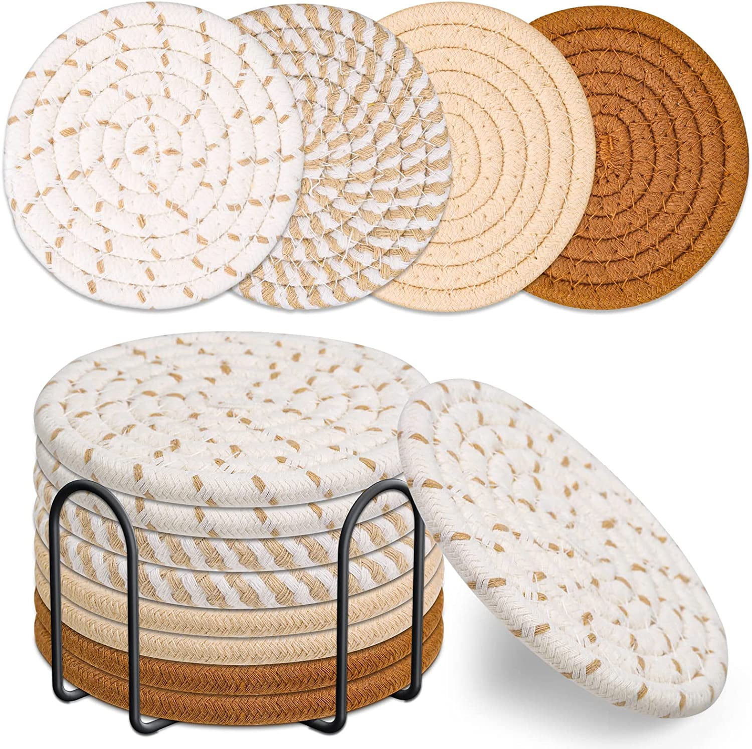 8 Pcs Drink Coasters with Holder, Stylish Minimalist Cotton Woven 4 ...