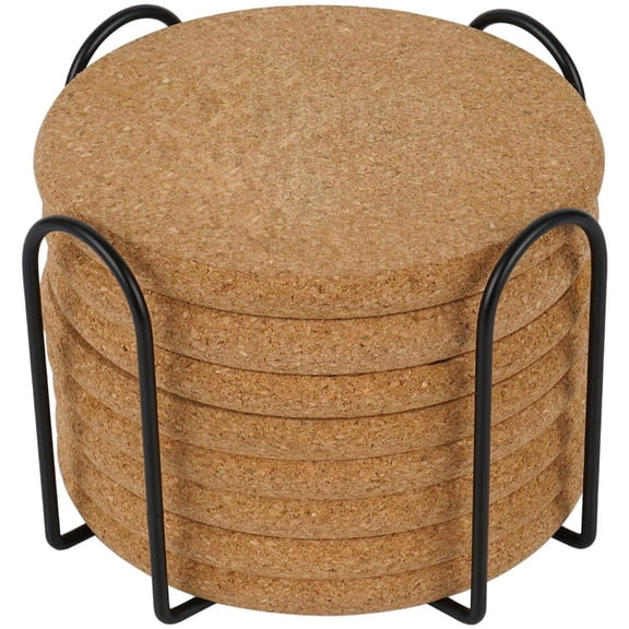 8 Pcs Drink Coasters with Holder, Thicker Cork Coasters for Drinks Absorbent for Coffee Table Wooden Coaster Set Tabletop Protection Cup Mat Bar Kitchen Living Room House Home Decor Housewarming Gift