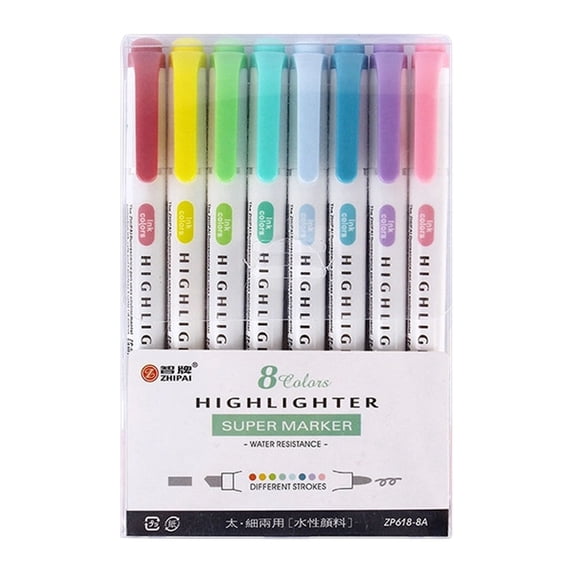 8 Pcs Dual Tip Highlighter Marker Set, 5.51 inch Assorted Colors Highlighter, Chisel and Fine Point Markers, Non Bleed Highligher, Multipurpose Highlighting Tools for Note Marking Journaling