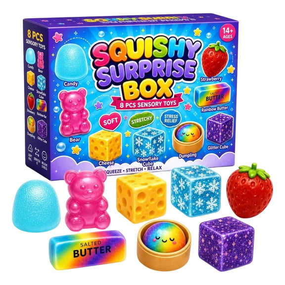 8 Pcs Dumpling Squishy Mystery Box Countdown Calendar, Assorted Food & Shape Stretchy Sensory Fidget Toys, Soft Stress Relief Squeeze Toys for Party Gift & Daily Play