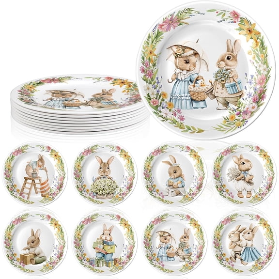 8 Pcs Easter Salad Plates Bunny Dishes 8" 10" Melamine Easter Dinnerware Sets Assorted Designs Ceramic-like Spring Rabbit Plates for Dinner Salad Dessert Birthday Party Supplies(10 Inch)