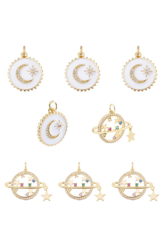 8 Pcs Enamel Moon Star Pendant Charms Gold Plated Celestial Charm Hollow Star Moon Theme Cubic Zirconia Pendants for Necklace Bracelet Jewelry Making DIY