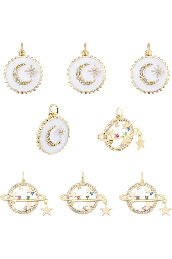 8 Pcs Enamel Moon Star Pendant Charms Gold Plated Celestial Charm Hollow Star Moon Theme Cubic Zirconia Pendants for Necklace Bracelet