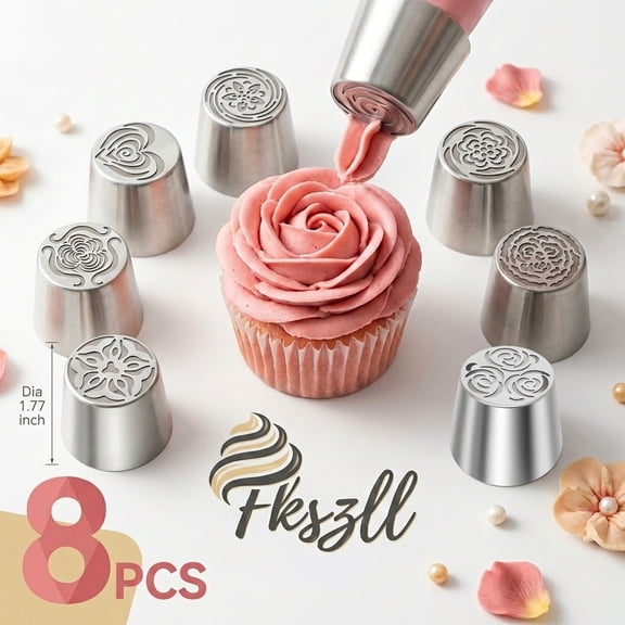 8 Pcs Extra Large Russian Piping Tip Set Stainless Steel Layered Rose Icing Tip for Cake Dessert Cookie Decoration
